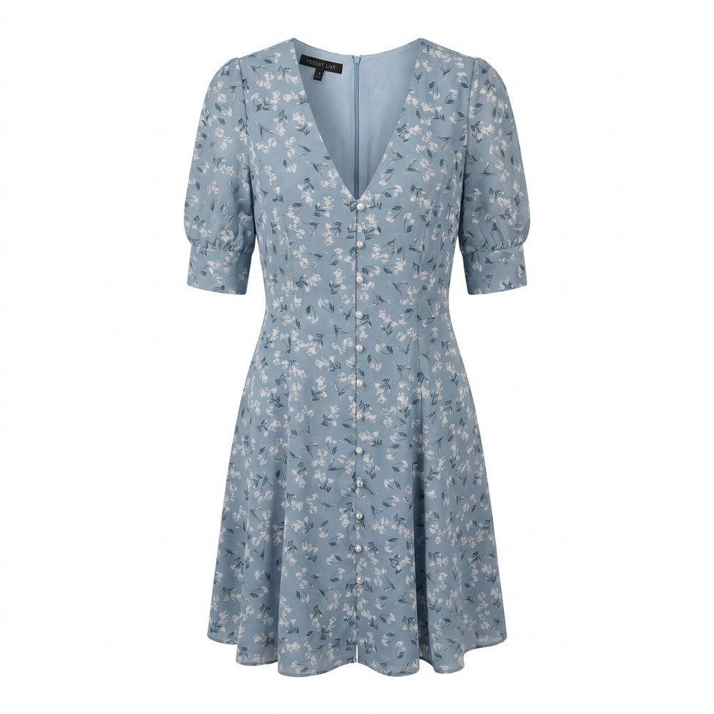 Forest‎ Lily Blue Floral V-Neck Fit Flare Mini Dress Puff Sleeve Women Size 6